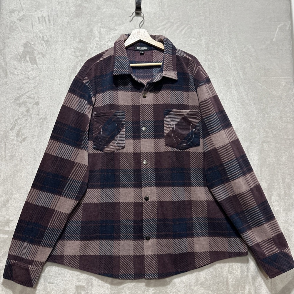 TRUE RELIGION Plaid Polar Fleece Shacket Jacket Snap Button Men's‎ Size 3XL